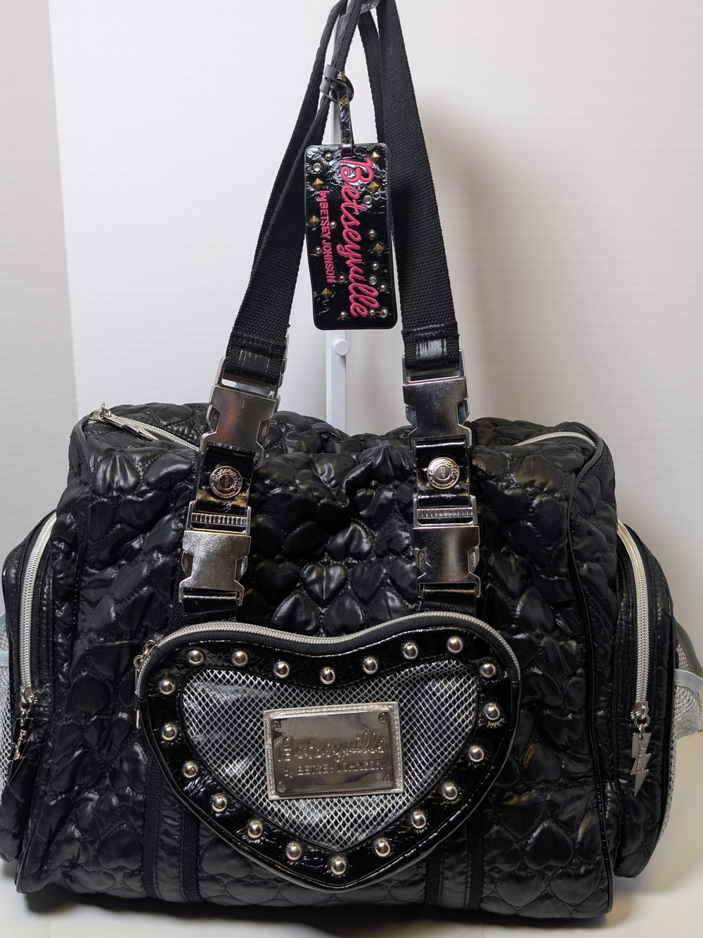 Betsey Johnson Black Quilted Travel Bag with Heart Accent
